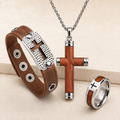 Pack Elías y Eliseo con collar Benaía, anillo de acero y madera, y pulsera de cuero café