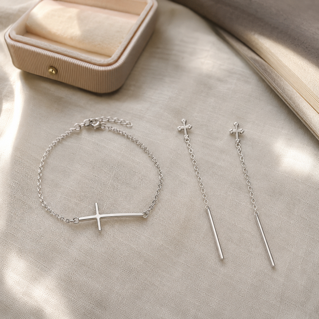Pulsera Loida y par de aros de cruz en Plata 925 del Pack Legado de Fe