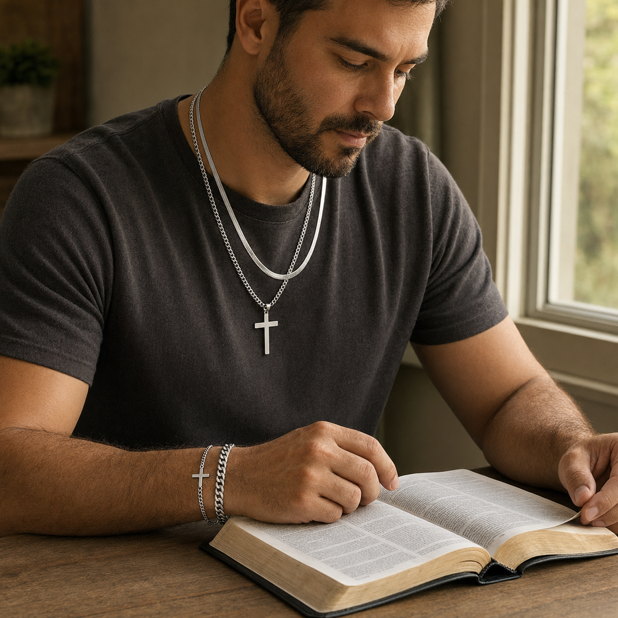 Modelo hombre usando las dos cadenas y las dos pulseras del Pack Pedro y Juan durante una lectura bíblica