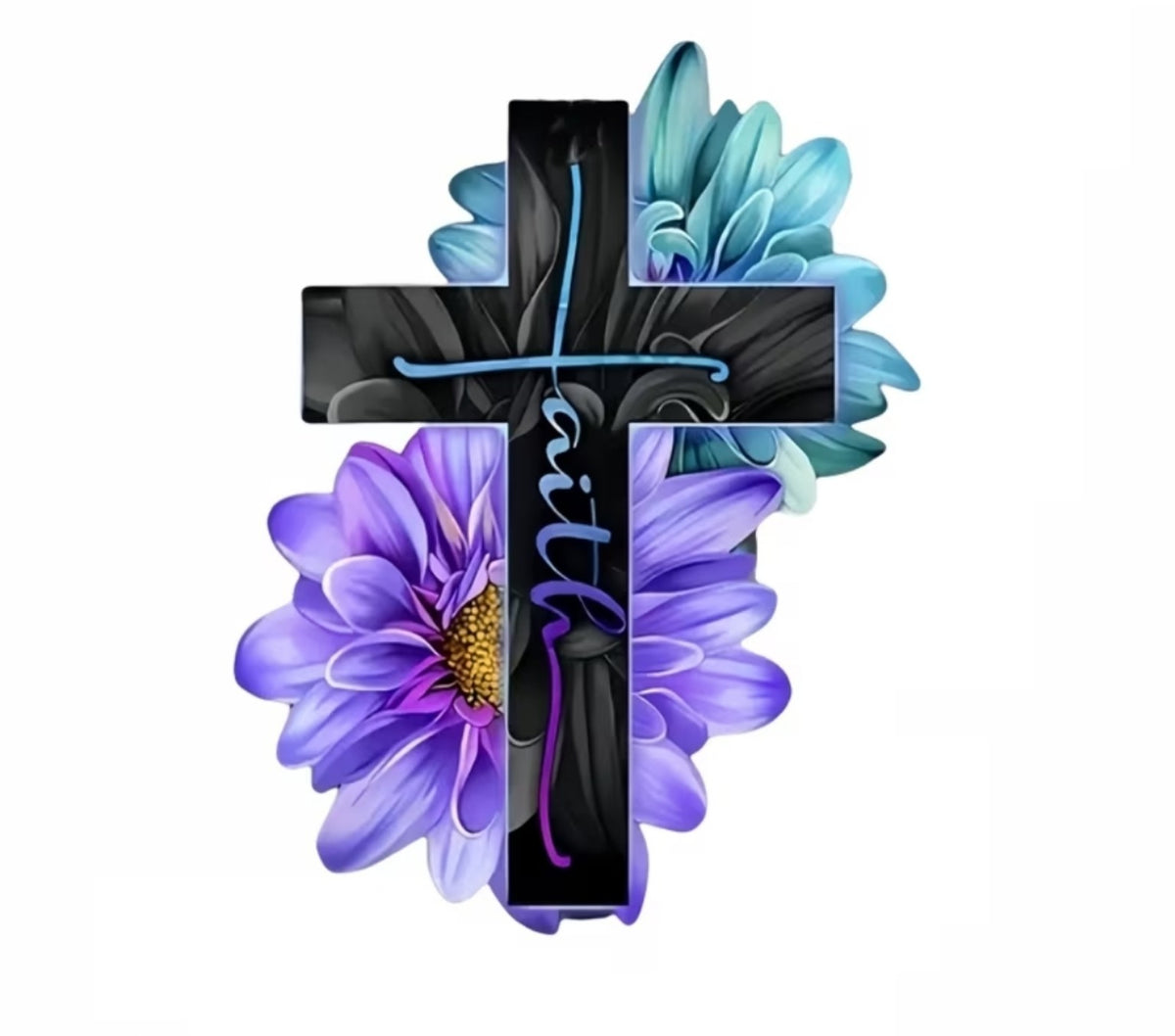 Pegatina Fe cruz negra con flores moradas y turquesas