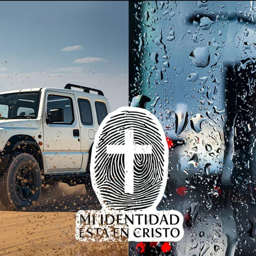 Pegatina cristiana Mi identidad está en Cristo aplicada en superficie lisa
