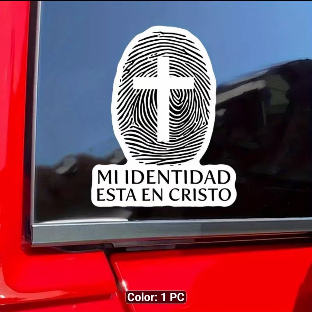 Pegatina cristiana Mi identidad está en Cristo aplicada en superficie lisa