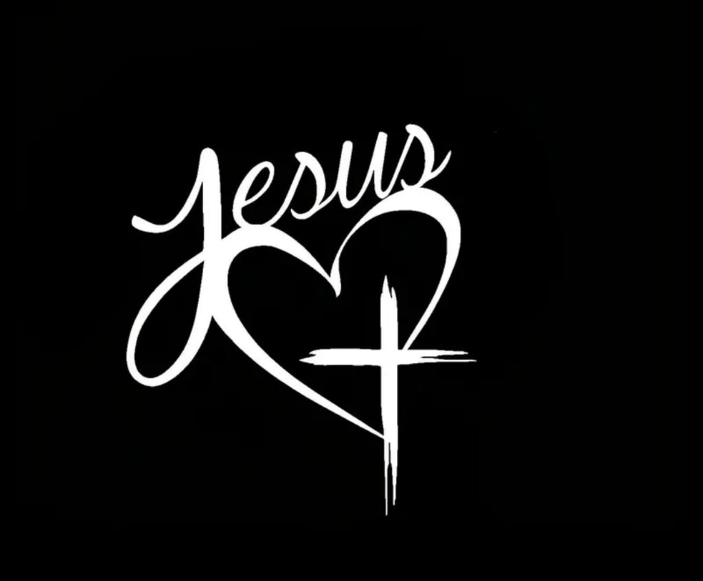 Pegatina blanca Jesús con corazón y cruz, ancho 15 cm