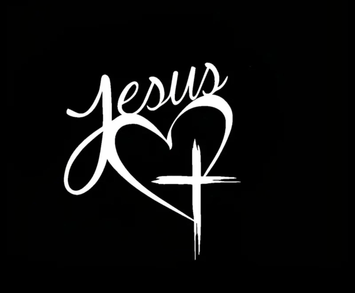 Pegatina blanca Jesús con corazón y cruz, ancho 15 cm
