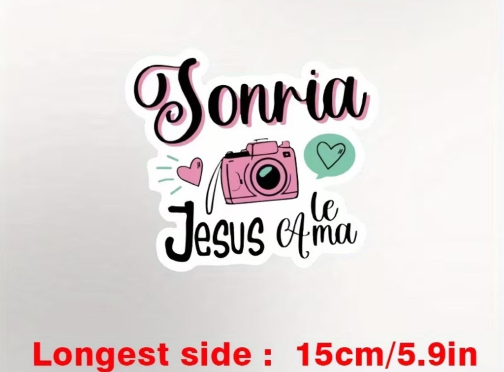 Pegatina Sonría Jesús le ama de 15 cm en su lado más largo