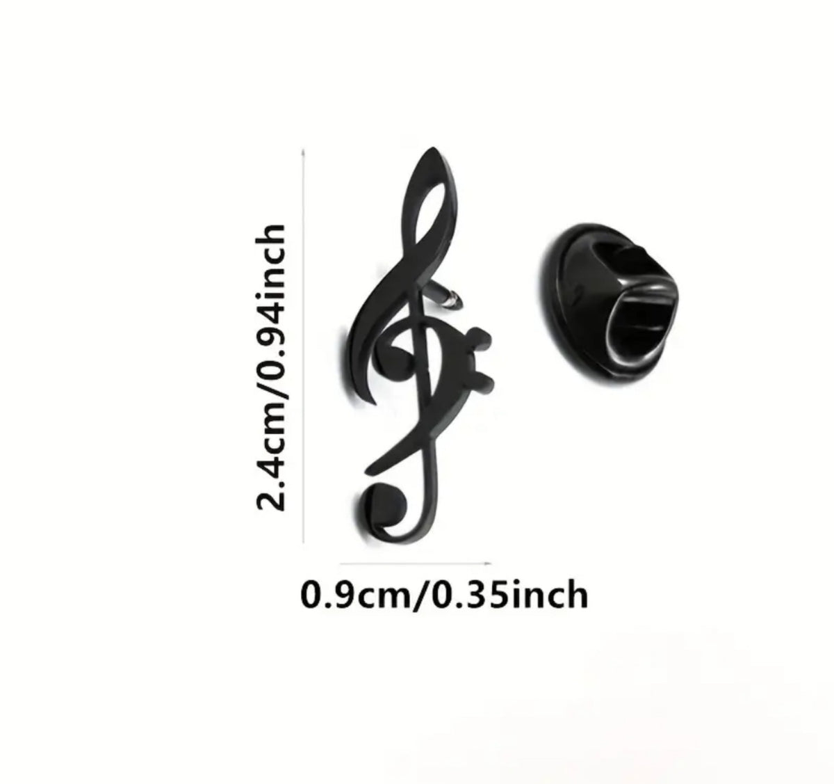 Pin clave de sol color negro con medidas aproximadas de 2,4 por 0,9 cm
