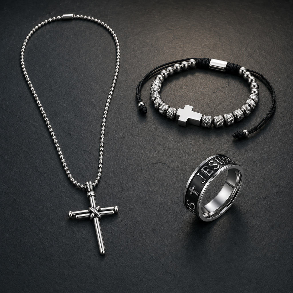 Pack Pablo y Timoteo con collar, pulsera y anillo cristiano