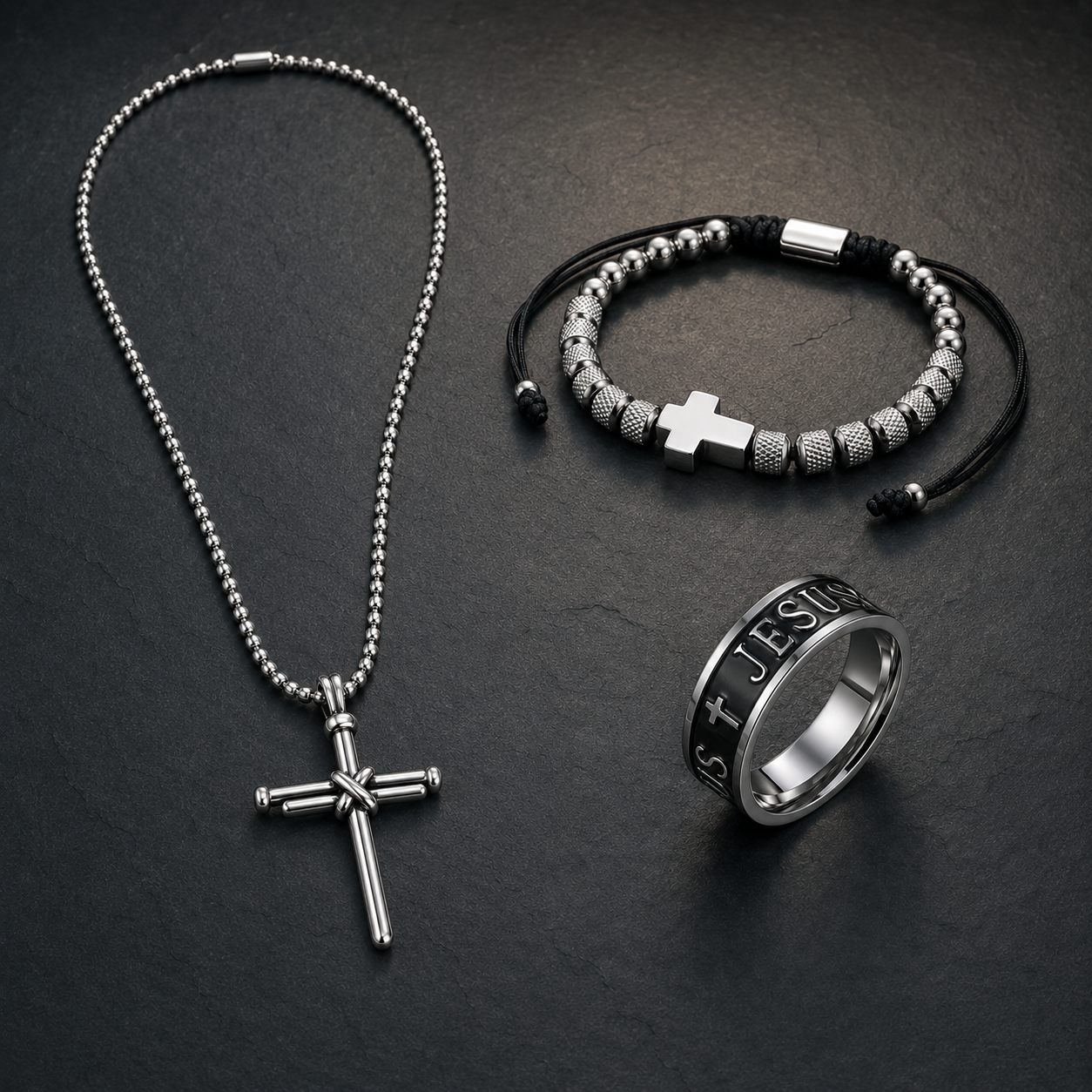 Pack Pablo y Timoteo con collar, pulsera y anillo cristiano