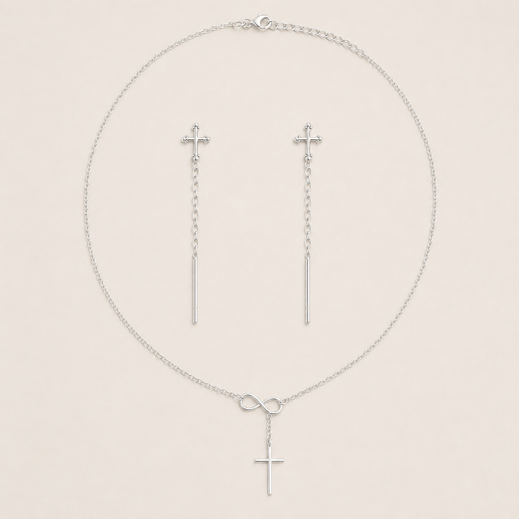 Pack Rut y Noemí con collar Cruz e Infinito y par de aros de cruz en Plata 925