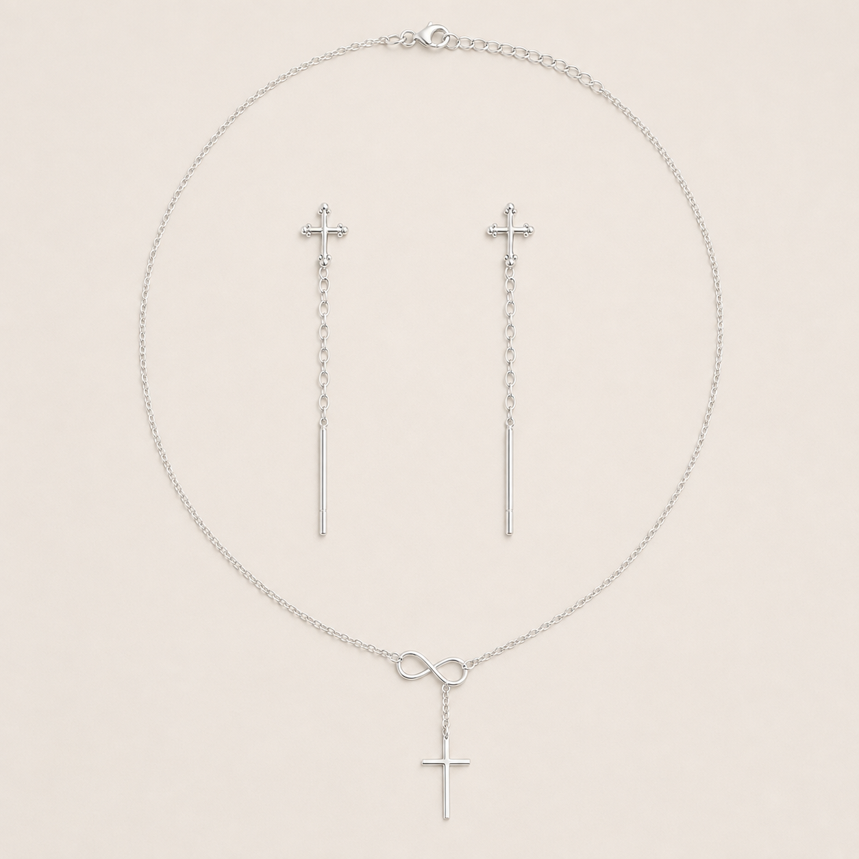 Pack Rut y Noemí con collar Cruz e Infinito y par de aros de cruz en Plata 925