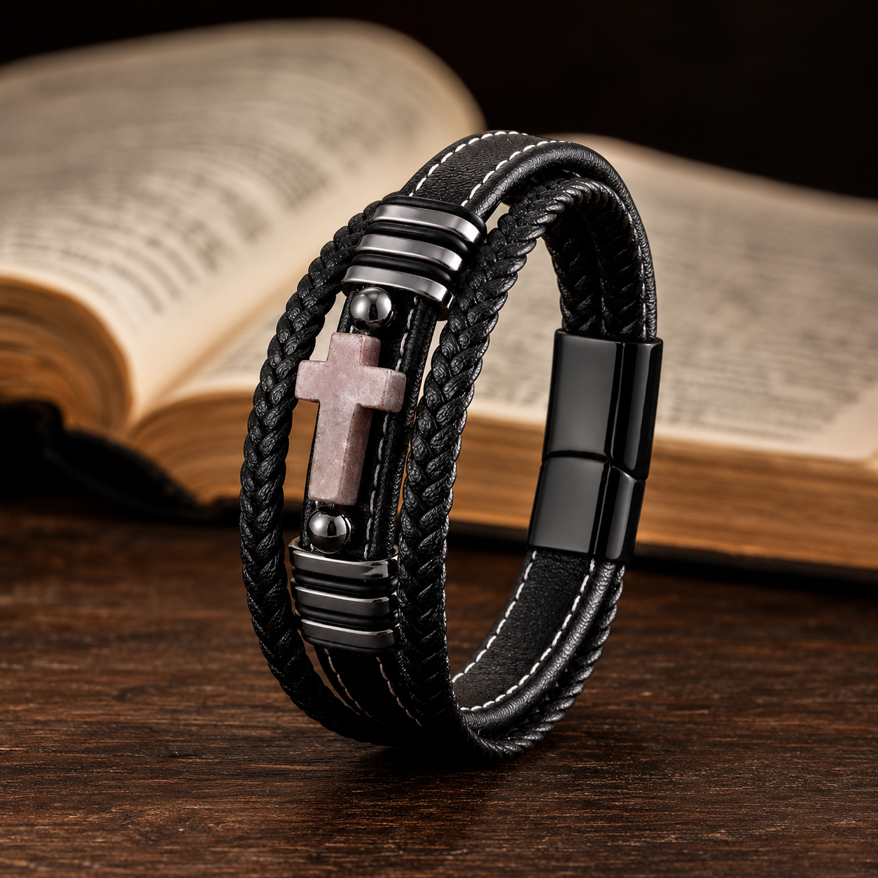 Pulsera Elías en fotografía de producto junto a una Biblia