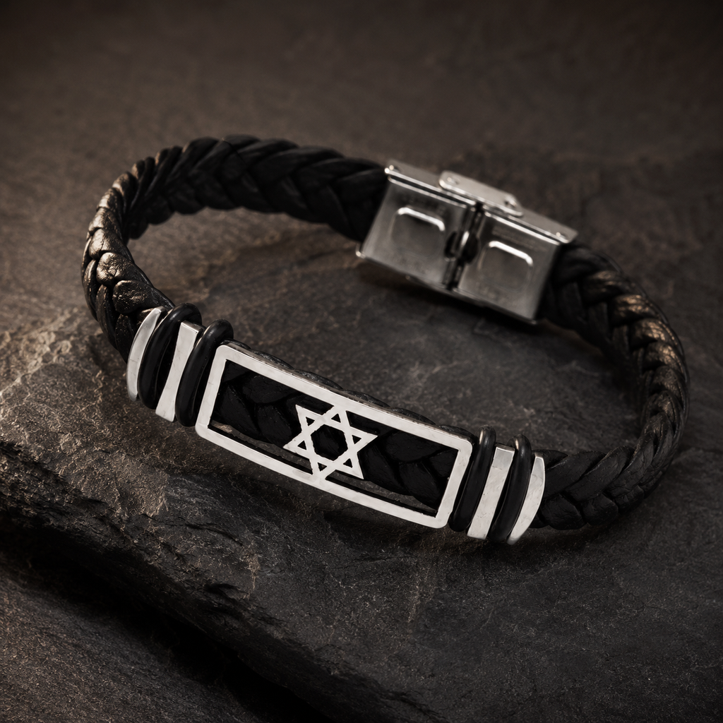 Pulsera de cuero trenzado Estrella de David en fotografía de catálogo premium
