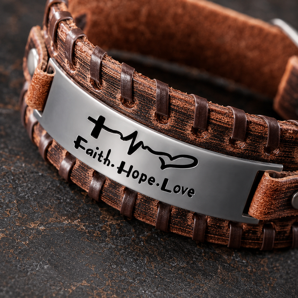 Pulsera Faith Hope Love en fotografía macro premium
