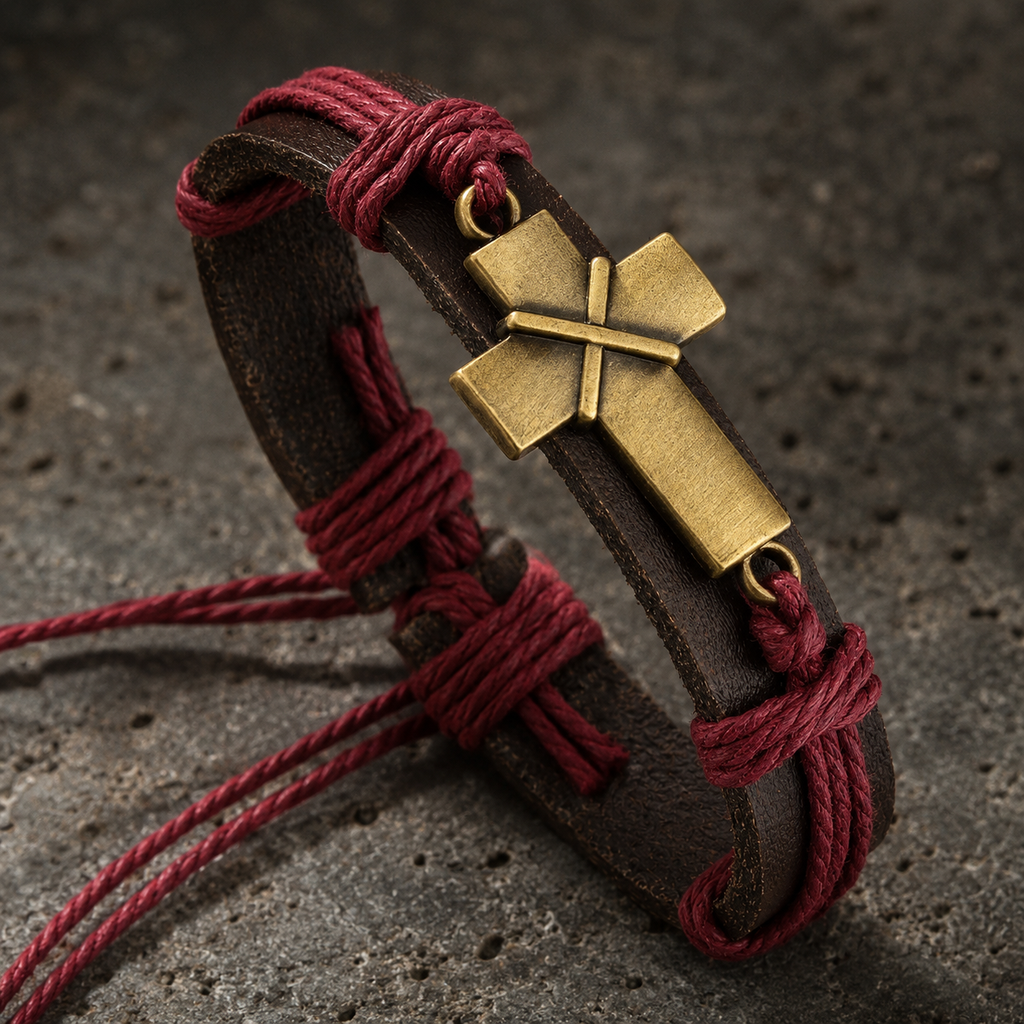 Detalle macro de Pulsera Urbana Nehêmías de cuero y cruz de bronce