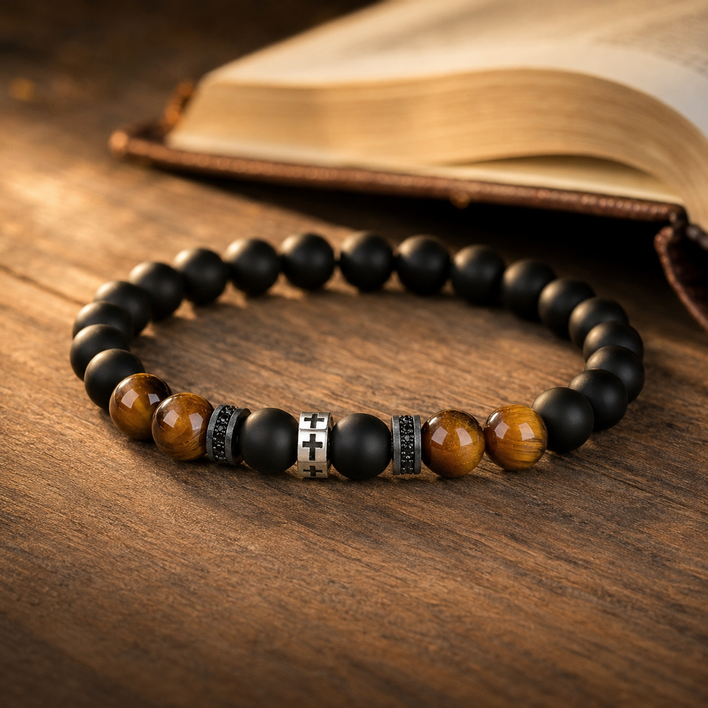 Pulsera Cruz en Ojo de Tigre sobre madera junto a una Biblia
