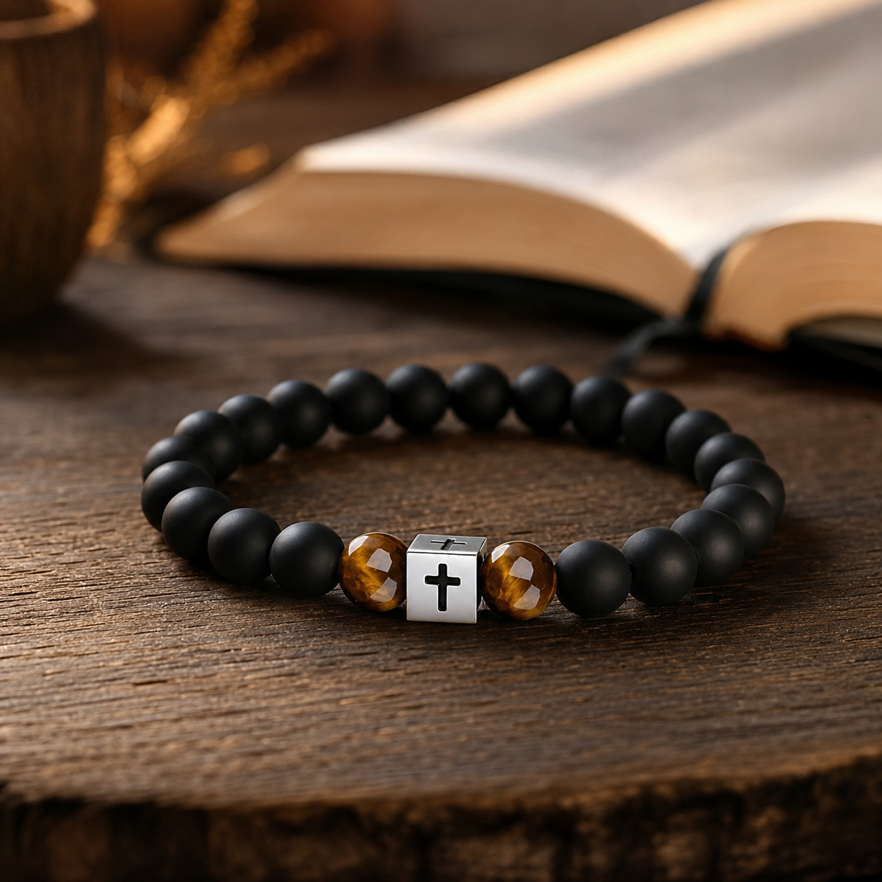 Pulsera Cruz en Ojo de Tigre sobre madera junto a una Biblia