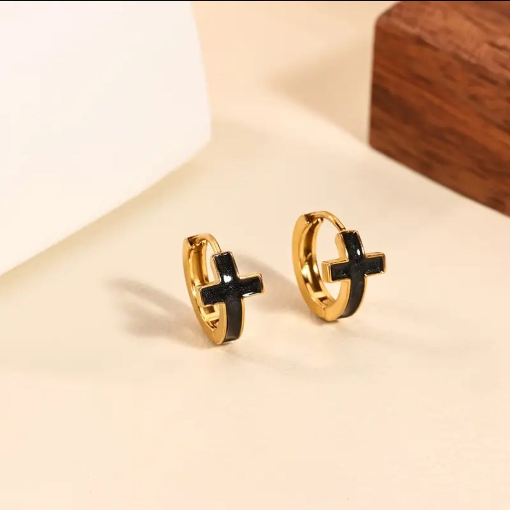 Aros Argollas Cruz "Fe Sólida" — Acero Dorado