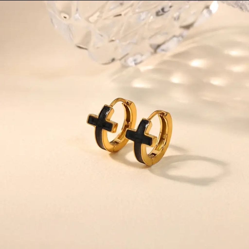 Aros Argollas Cruz "Fe Sólida" — Acero Dorado