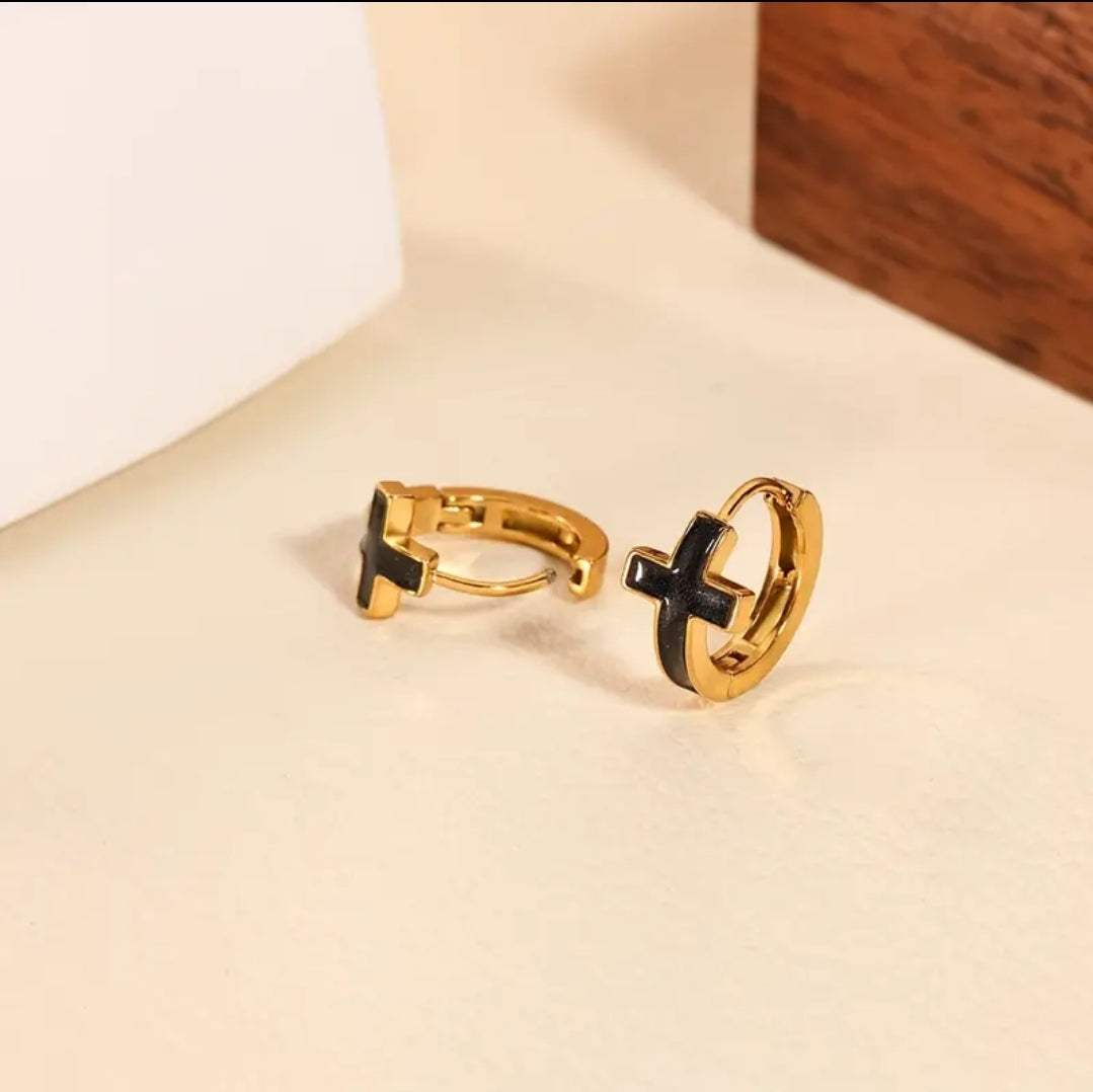 Aros Argollas Cruz "Fe Sólida" — Acero Dorado