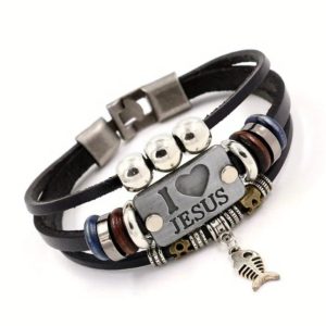 Pulsera I Love Jesus Cuero y Acero Inoxidable | Pulsera Cristiana Hombre y Mujer