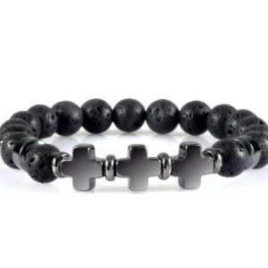 Pulsera Triple Cruz de Fe – Piedra Natural Ojo de Tigre negra