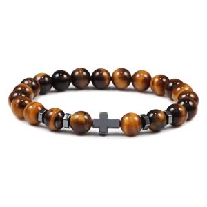 Pulsera Cristiana de cafe con Cruz Negra – Acero Inoxidable Premium