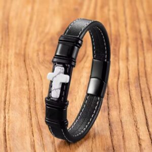 Pulsera Cuero Premium “Cruz Elemental” 21 cm