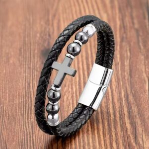 Pulsera Cuero Trenzado “Cruz Distinción”21cm