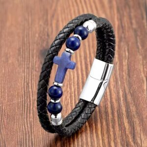 Pulsera Cuero Trenzado “Cruz Distinción”21cm