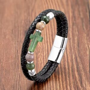 Pulsera Cuero Trenzado “Cruz Distinción”21cm