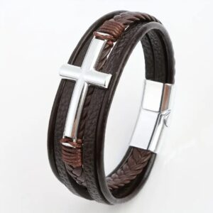 Pulsera Cruz Plateada “Fortaleza en Cristo” – Cuero Premium color Cafe 21cm