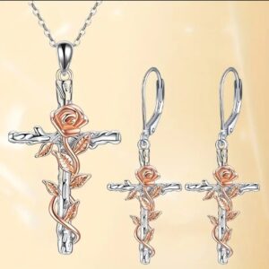 Conjunto Cruz Rosa de Fe – Collar y Aros Cristianos Acero Inoxidable Premium ✝️🌹