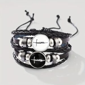 Pulsera Cristiana “Faith” de Fe – Cuero Trenzado Negro y blanco/ Acero Inoxidable Premium ✝️